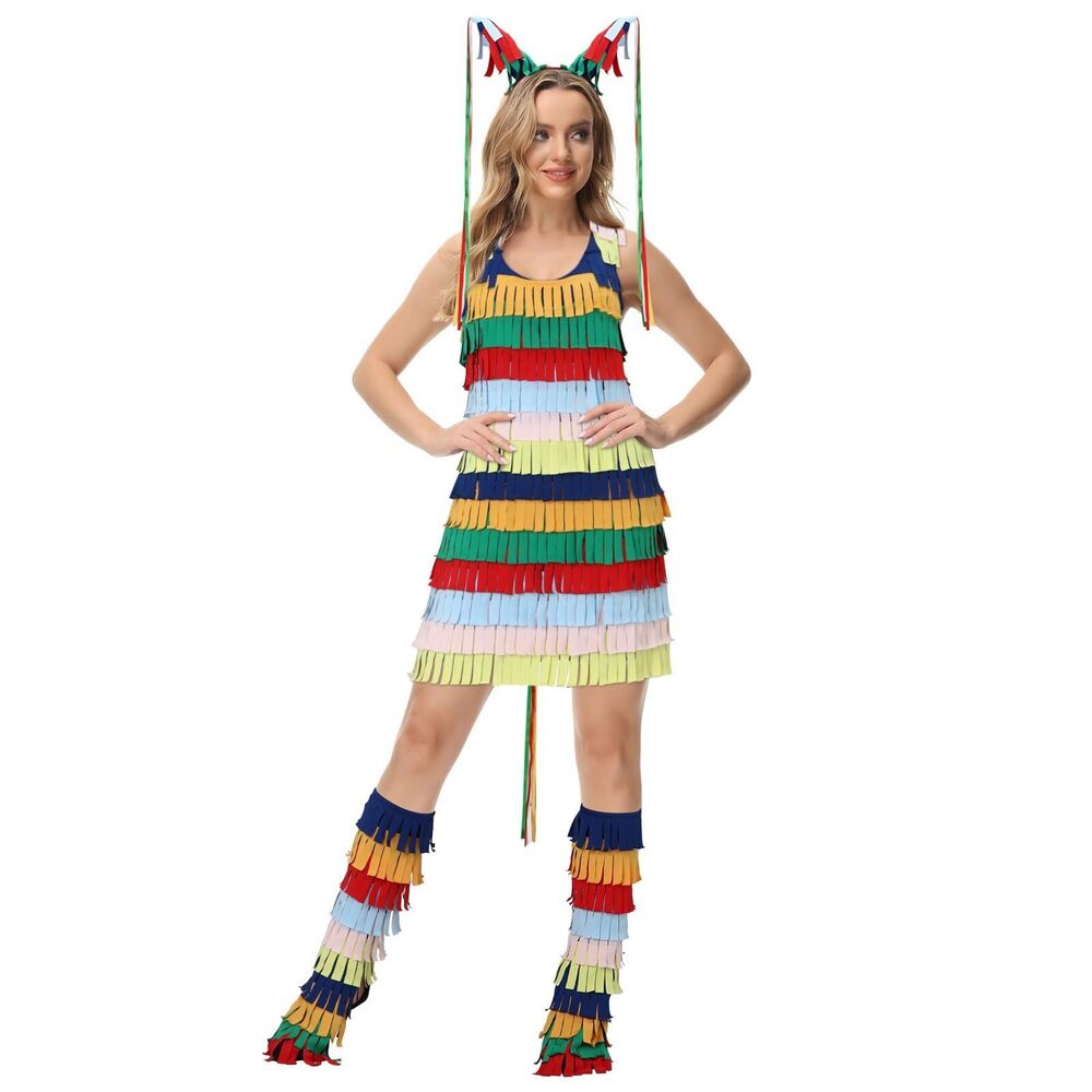 8710 Mexican Costume Multicolored Fringed Sleeveless Dress Headband Boot